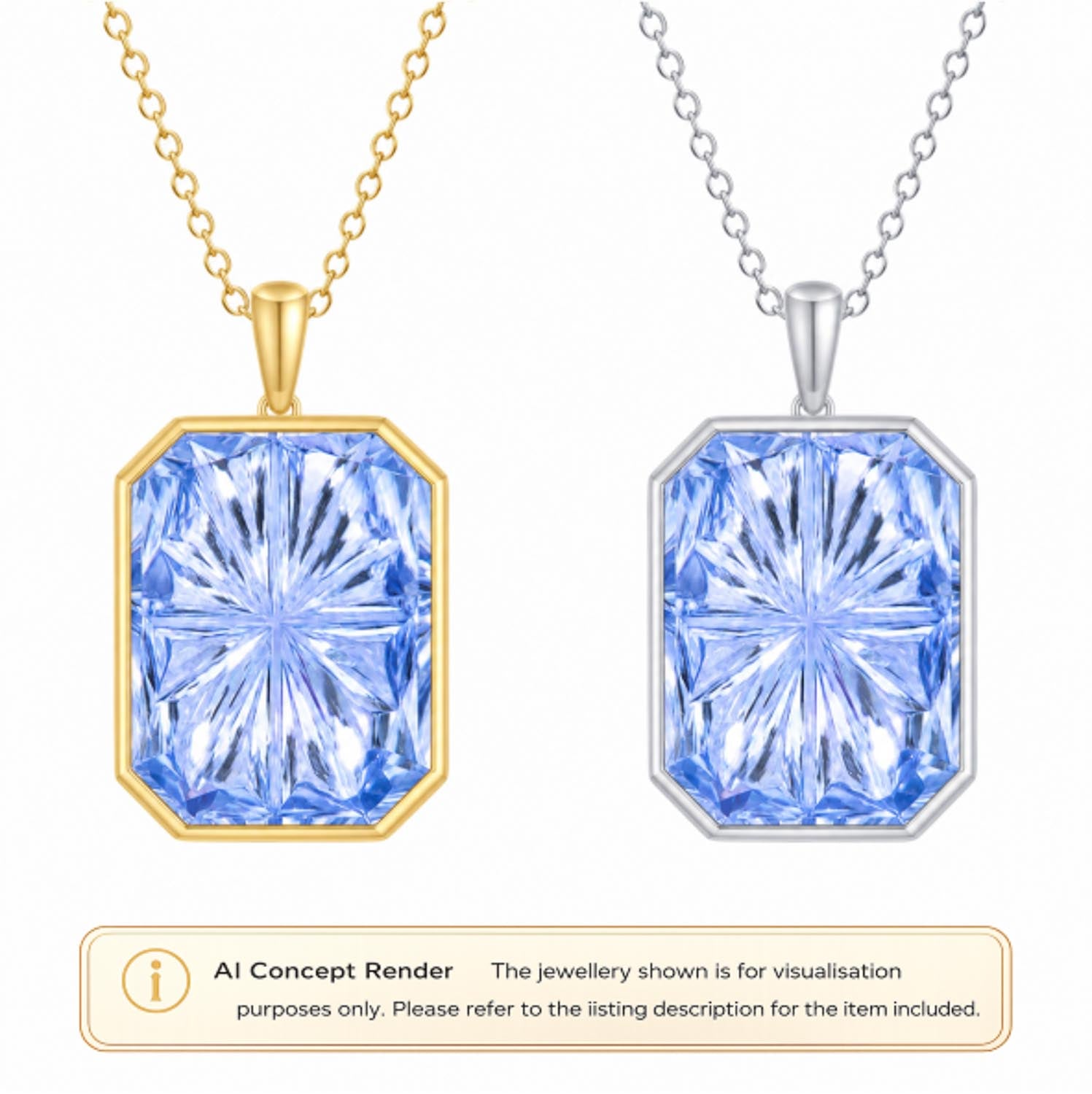 Two pendant necklaces shown on a white background: a gold-tone chain with a rectangular faceted blue sapphire pendant, and a silver-tone platinum chain with the same blue sapphire pendant. Below the products is an AI Concept Render label explaining the image is for visualisation purposes only.