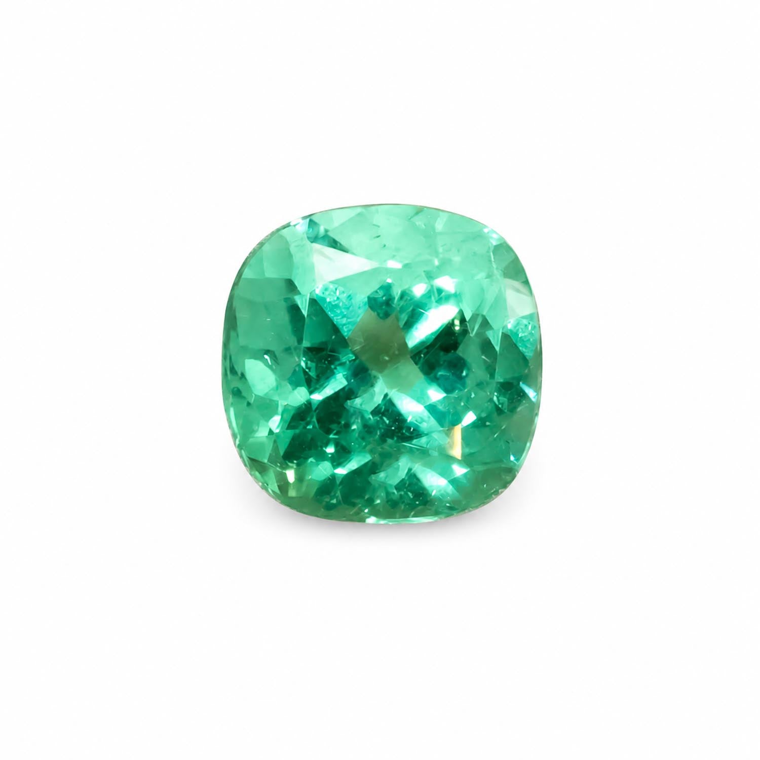 front view of a 1.84CT Natural Colombian Emerald – Cushion Cut Vivid Green Gemstone in white background 