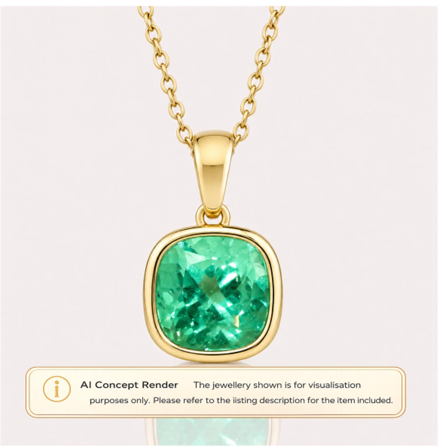 A gold pendant necklace featuring a cushion-cut natural Colombian emerald gemstone, shown on a light beige background with an 'AI Concept Render' label at the bottom.