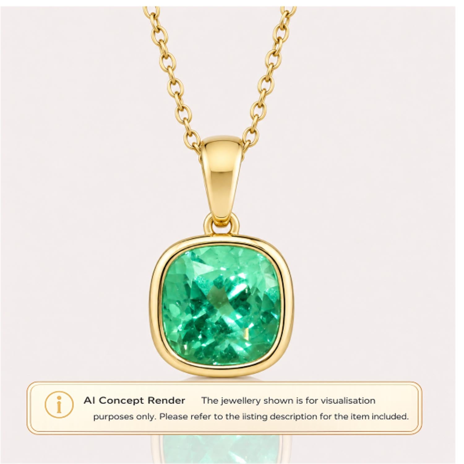 A gold pendant necklace featuring a cushion-cut natural Colombian emerald gemstone, shown on a light beige background with an 'AI Concept Render' label at the bottom.