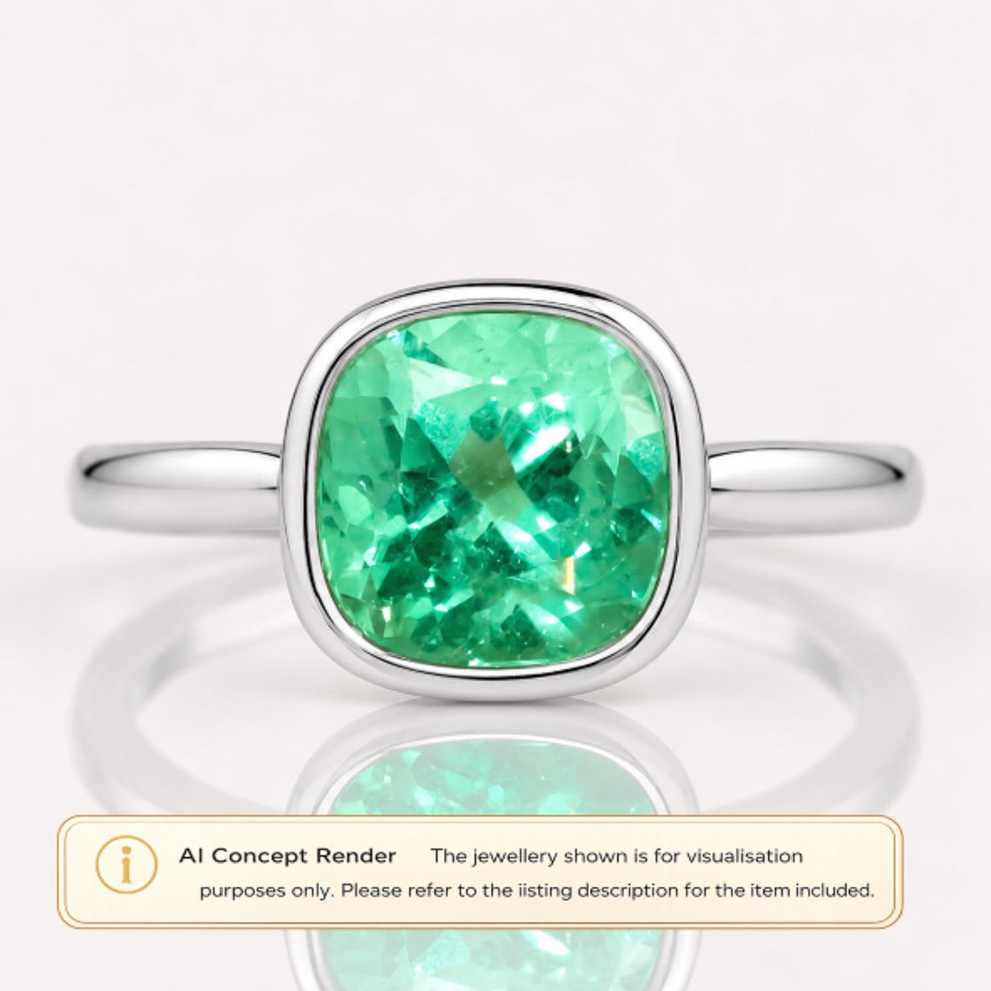 A platinum ring with a cushion-cut Colombian emerald gemstone, shown as an AI concept render on a light background with a reflection below.