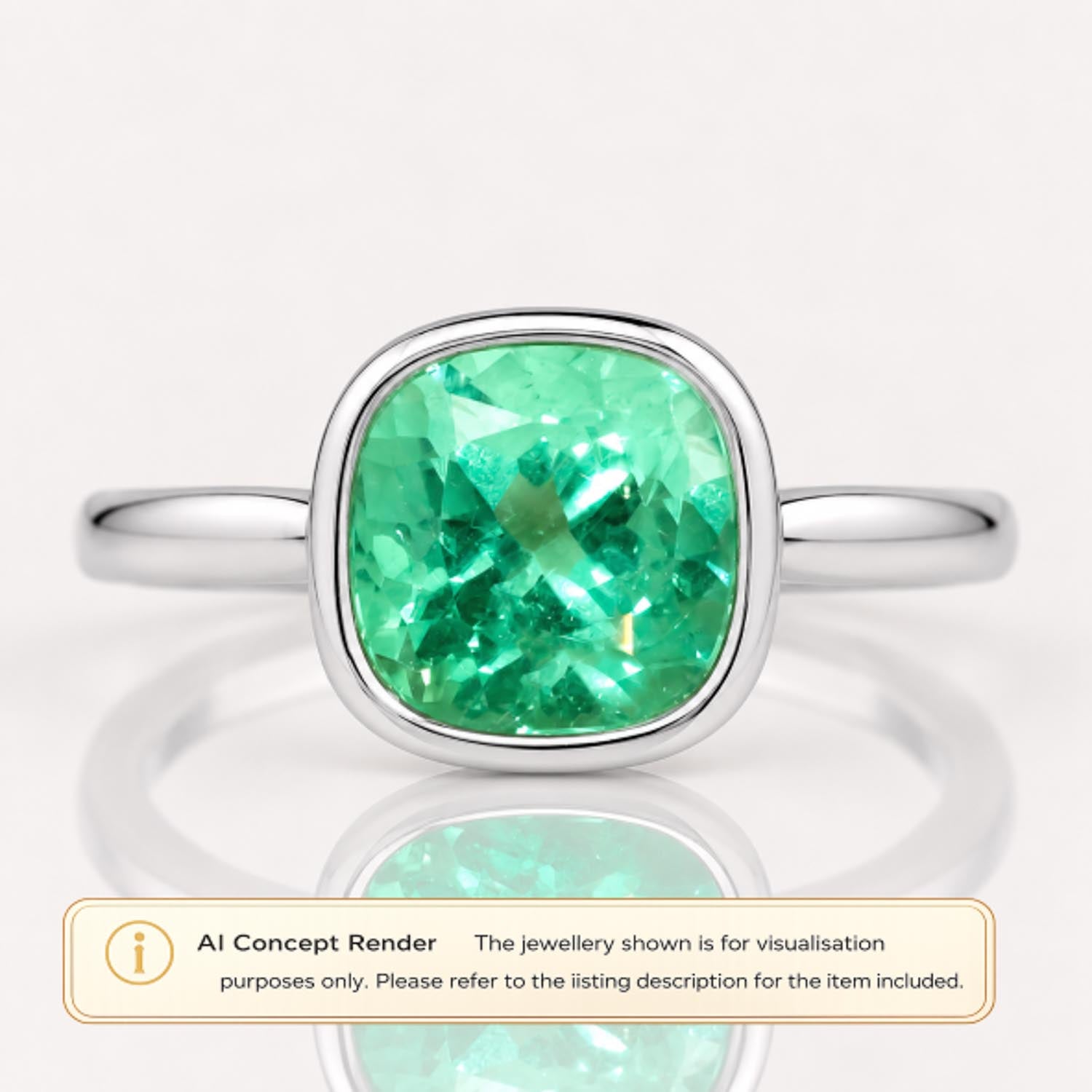 A platinum ring with a cushion-cut Colombian emerald gemstone, shown as an AI concept render on a light background with a reflection below.