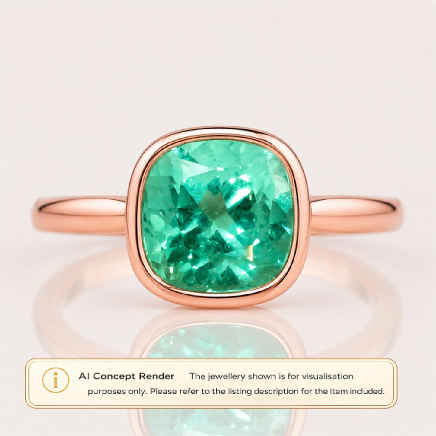 A rose gold ring with a cushion-cut Colombian emerald gemstone, shown on a light cream background with a reflection. A text banner at the bottom reads 'AI Concept Render The jewellery shown is for visualisation purposes only.