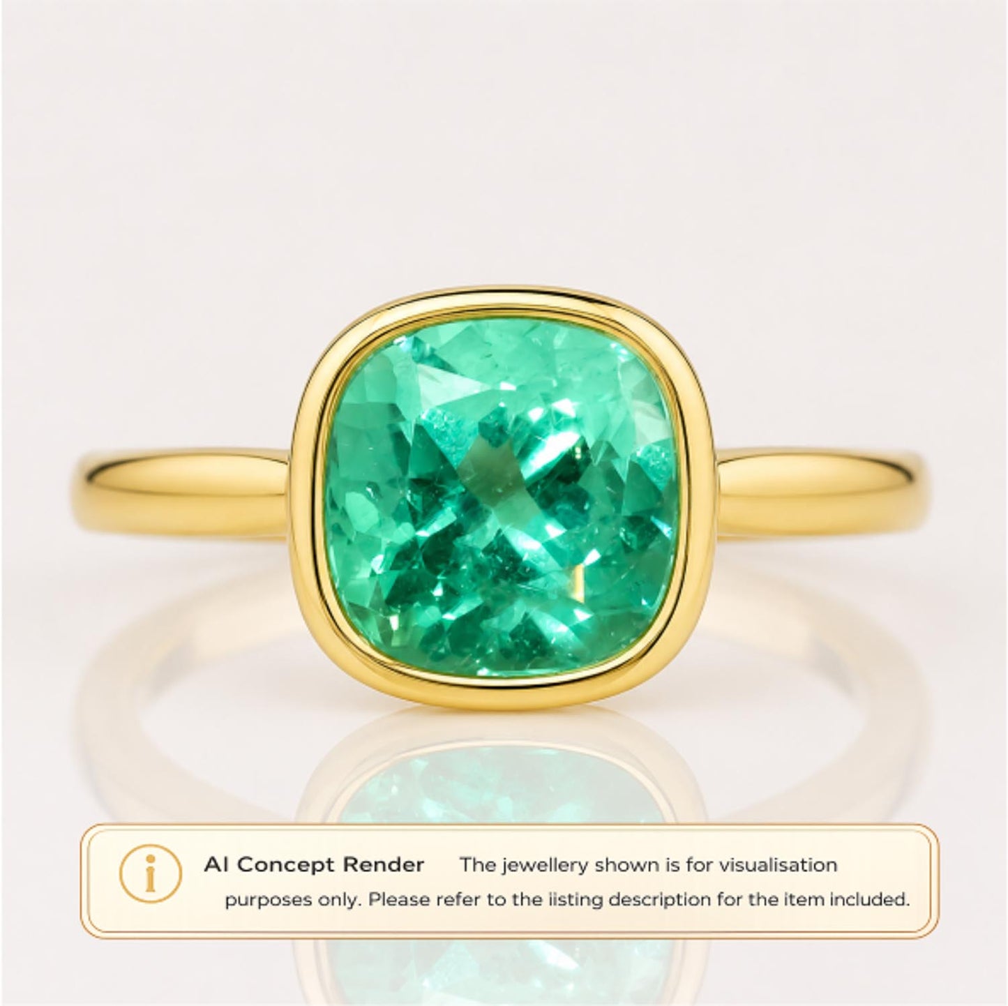 A gold ring with a large cushion-cut Colombian emerald gemstone, shown on a light background with a reflection below. A banner at the bottom reads 'AI Concept Render'.