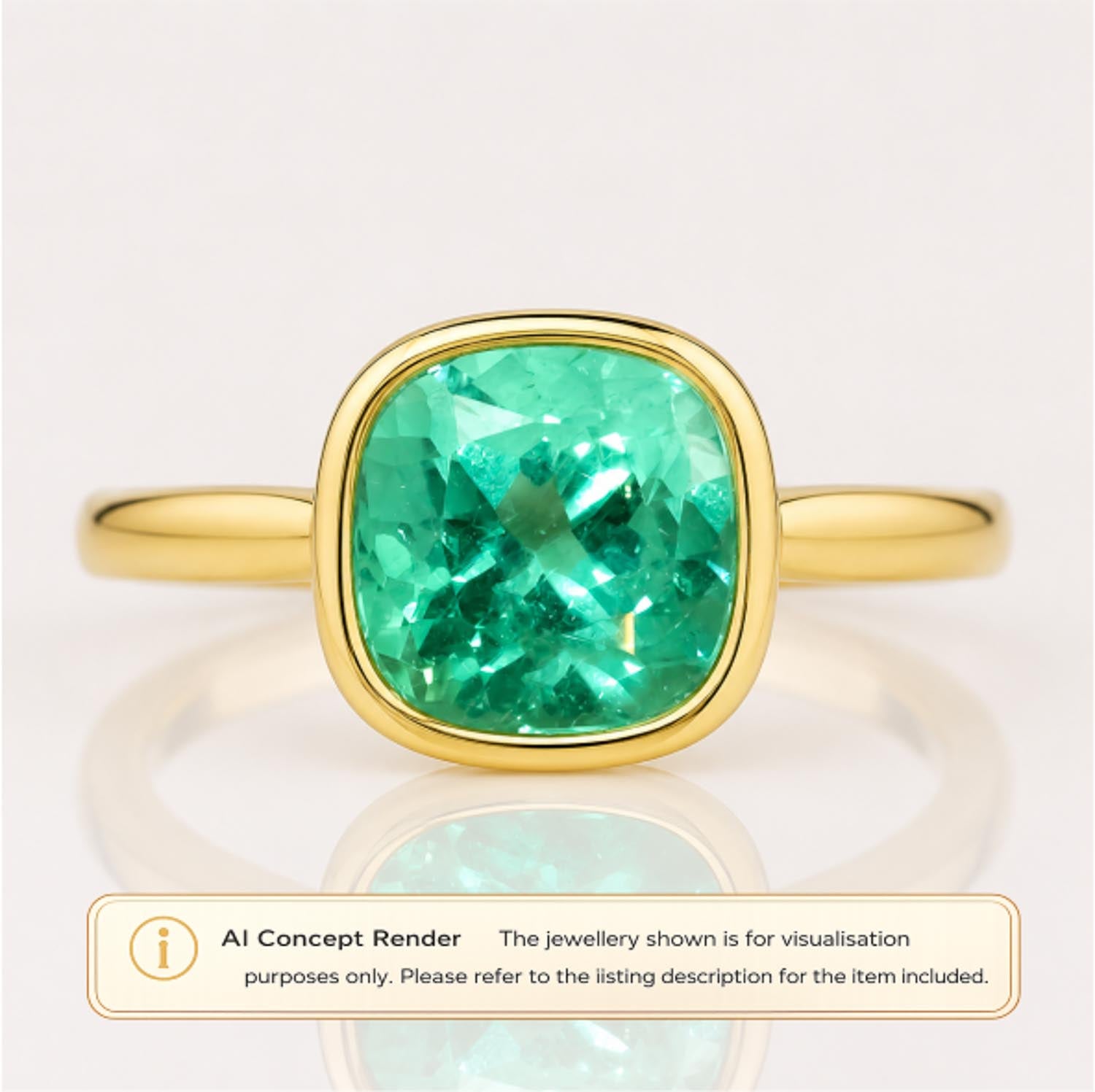 A gold ring with a large cushion-cut Colombian emerald gemstone, shown on a light background with a reflection below. A banner at the bottom reads 'AI Concept Render'.