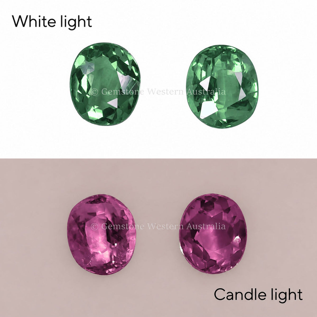 Matched pair of natural alexandrites totalling 1.02 ct, oval cut