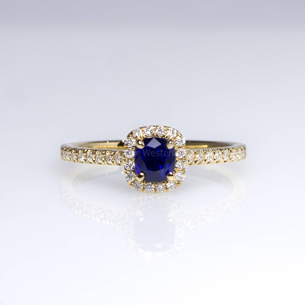 Natural Blue Sapphire Ring Diamond Halo in 18K Yellow Gold