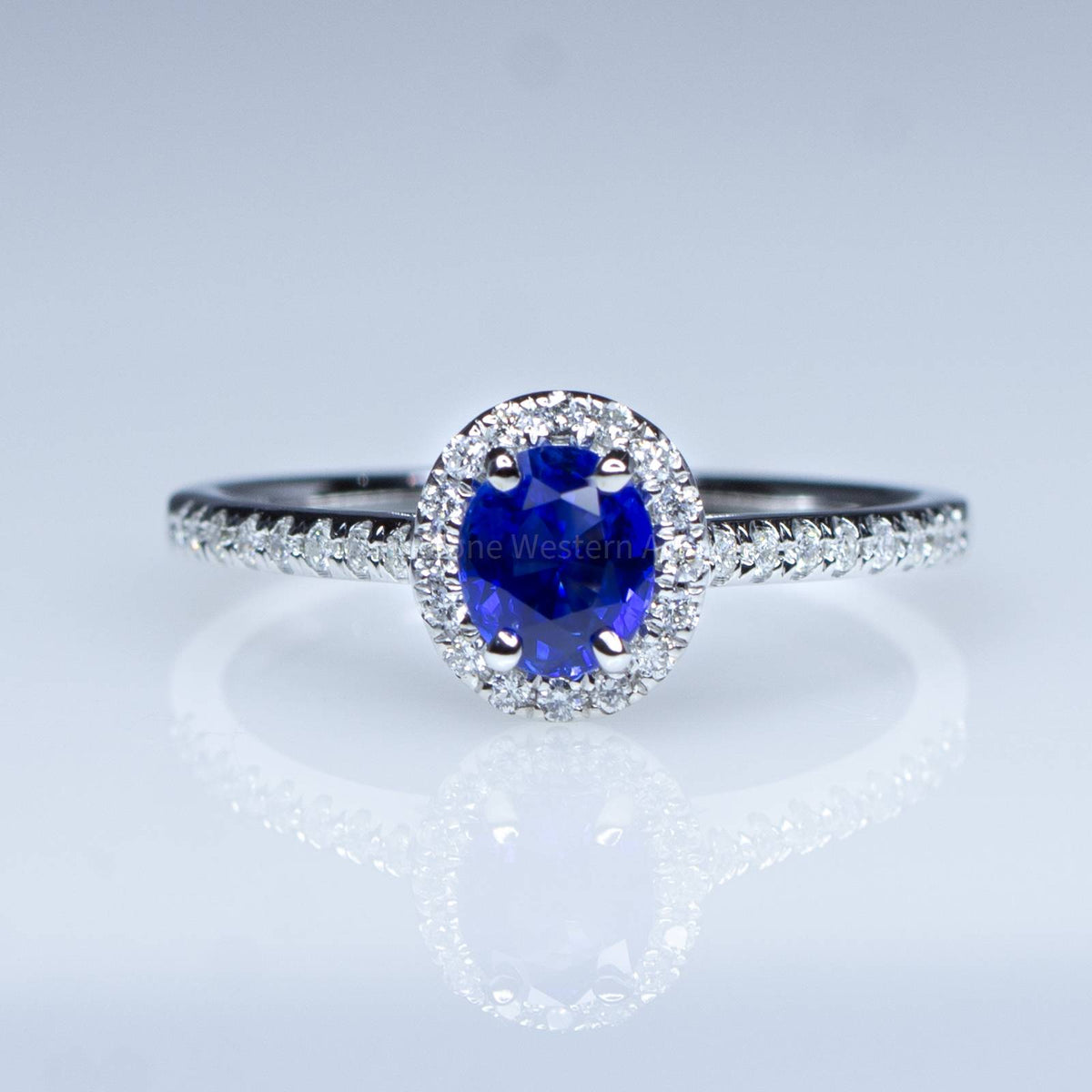 Natural Oval Blue Sapphire Ring Sapphire Diamond Halo Ring 18K White Gold