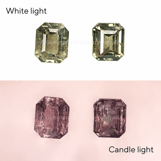 Matched pair of natural alexandrites totalling 0.78 ct, emerald cut
