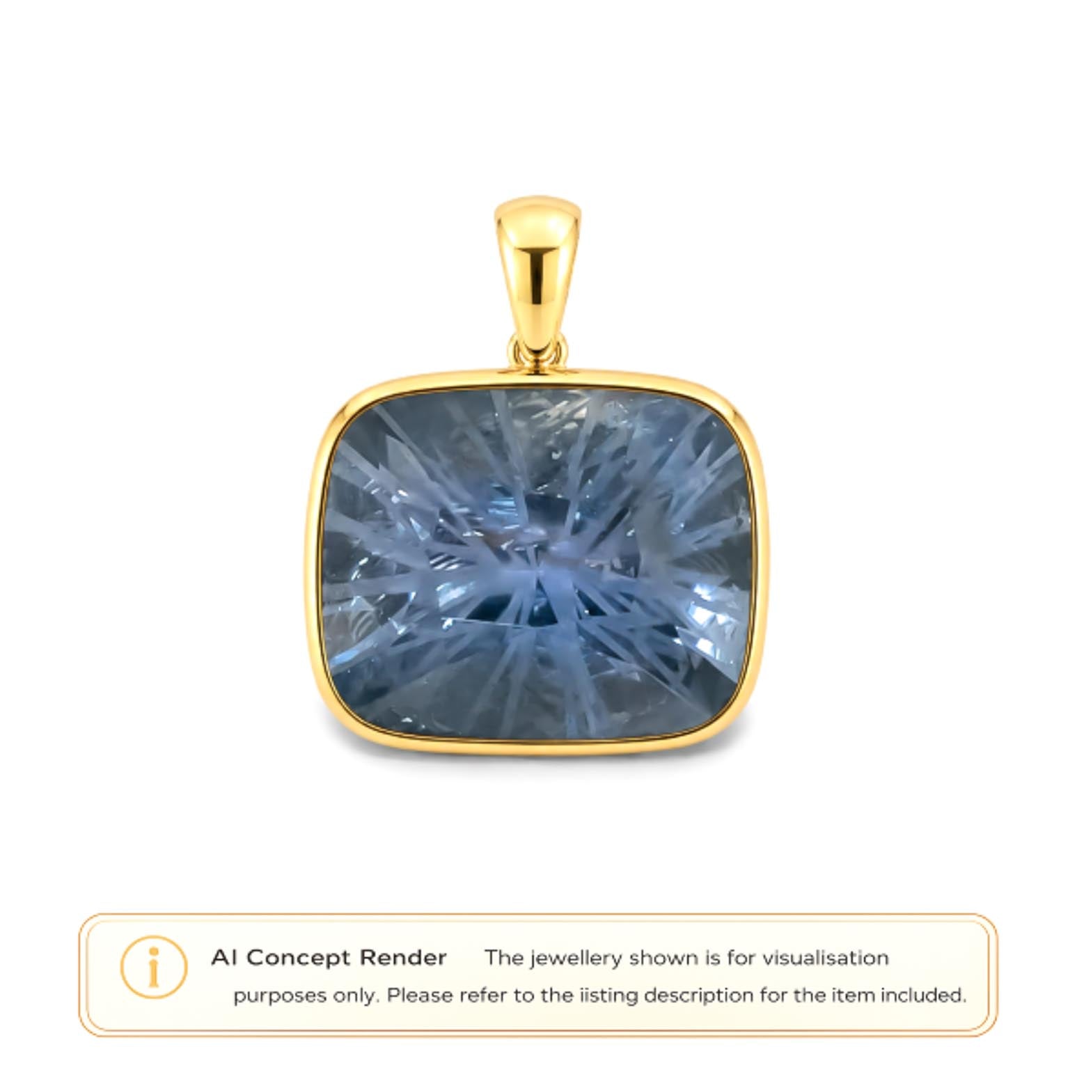 A gold pendant with a square cushion-cut blue sapphire, shown on a white background with an 'AI Concept Render' label at the bottom.