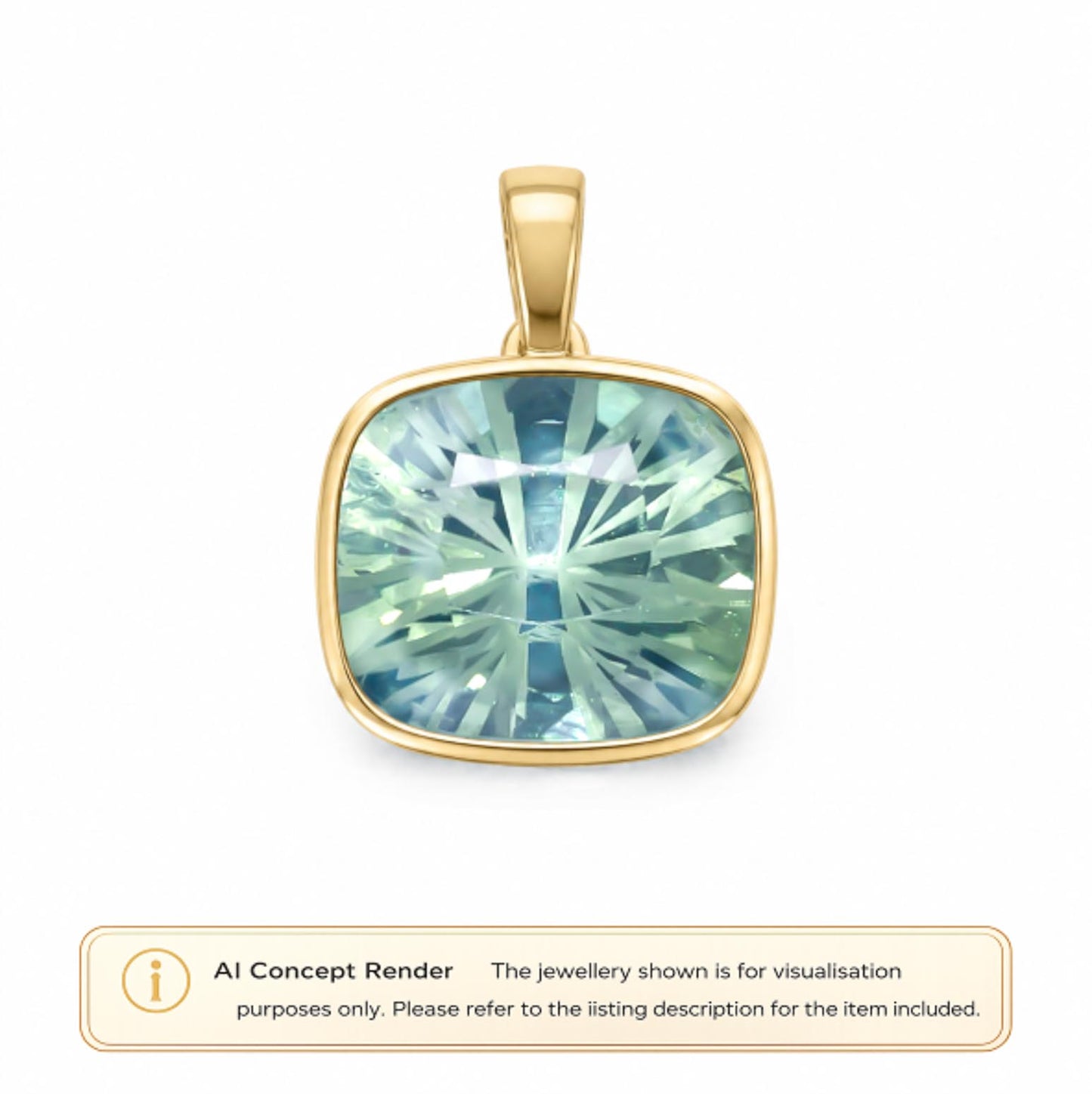 A square cushion-cut light teal sapphire pendant with a gold bezel setting, shown on a white background with an 'AI Concept Render' label at the bottom.