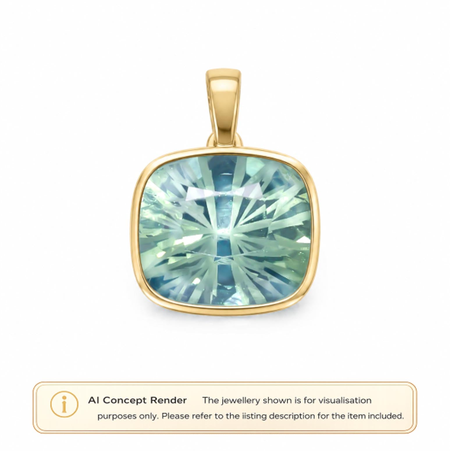 A square cushion-cut light teal sapphire pendant with a gold bezel setting, shown on a white background with an 'AI Concept Render' label at the bottom.