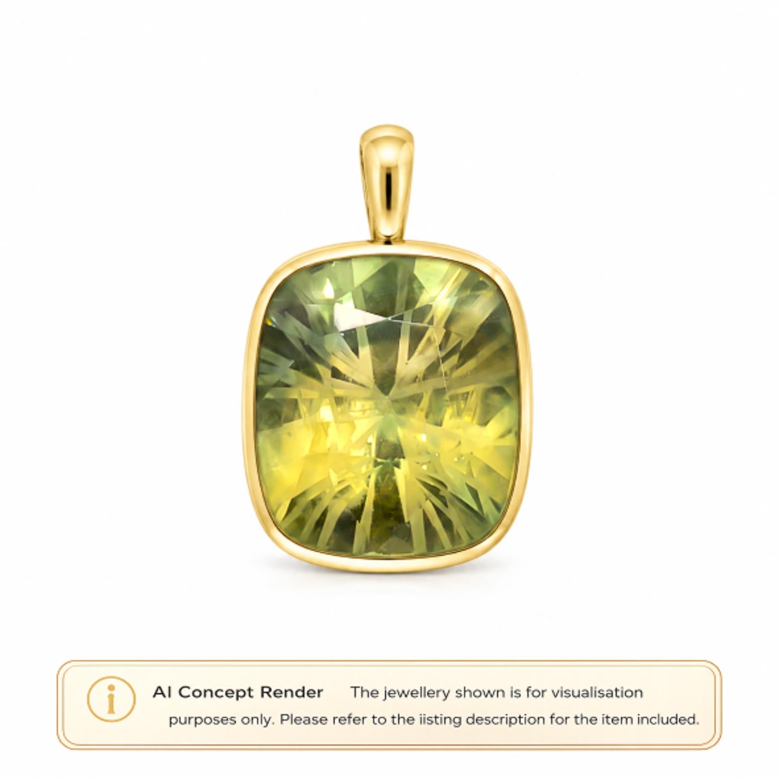 A gold pendant with a large cushion-cut yellow-green unheated sapphire, shown on a white background with an 'AI Concept Render' label at the bottom.