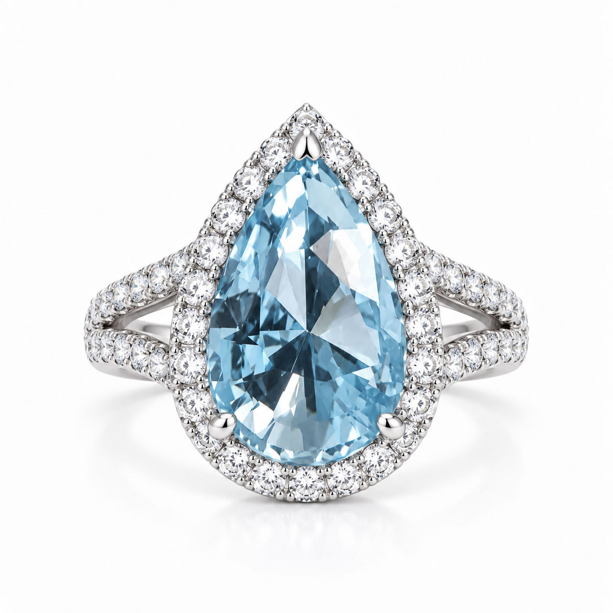 Pear aquamarine and diamond halo ring in platinum 950 with split diamond band, custom-made design render
