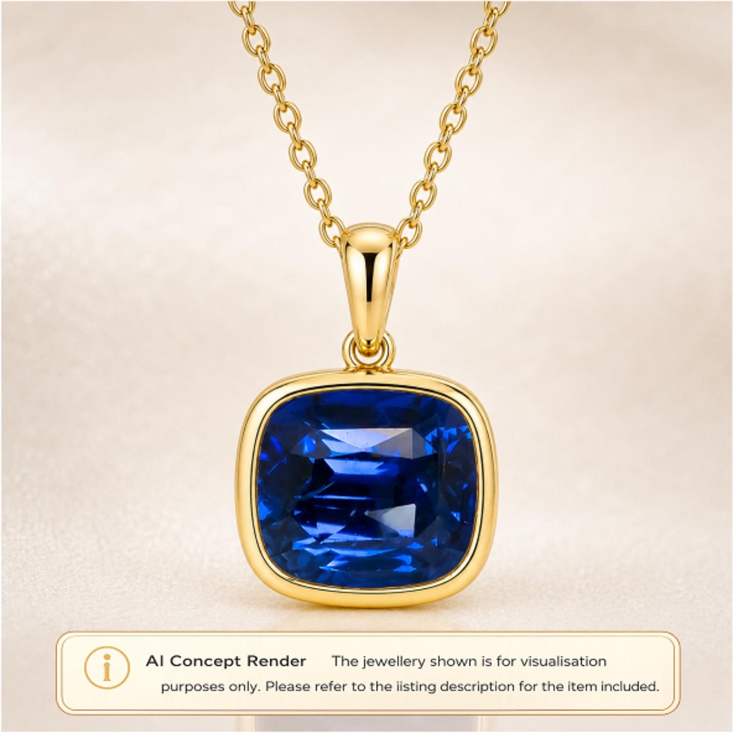 Gold pendant necklace with a cushion-cut royal blue sapphire, shown on a light beige background with an AI concept render label at the bottom.