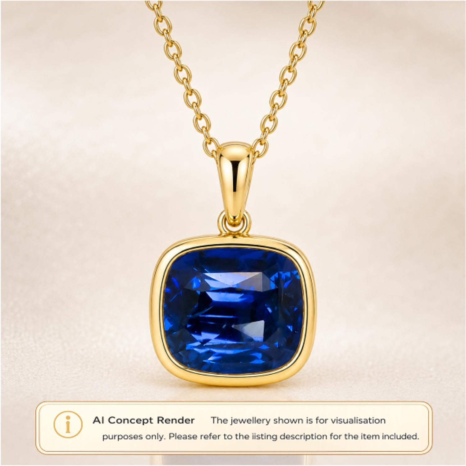 Gold pendant necklace with a cushion-cut royal blue sapphire, shown on a light beige background with an AI concept render label at the bottom.