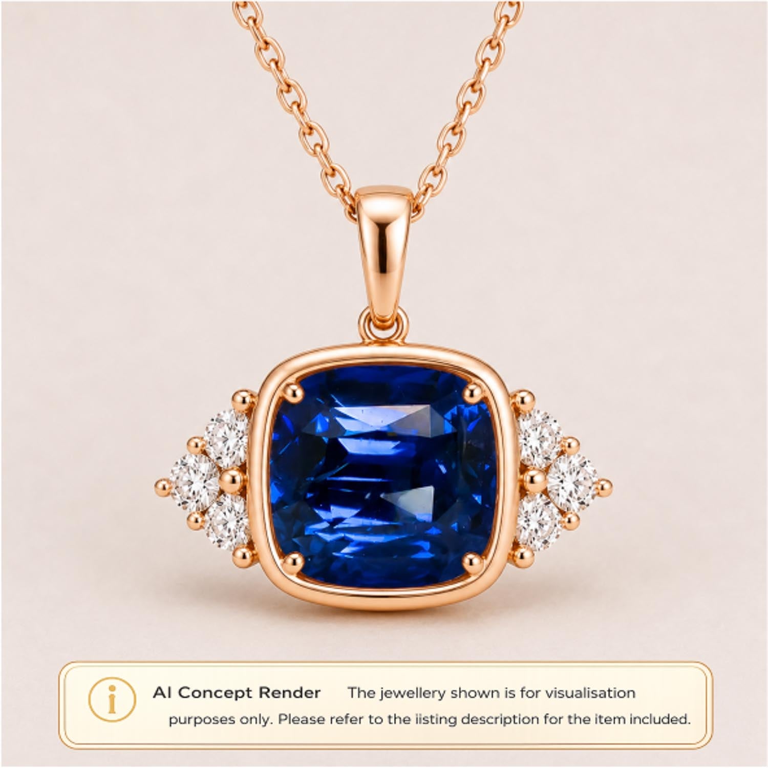 A rose gold pendant necklace featuring a cushion-cut royal blue sapphire surrounded by small clear accent stones, shown on a light beige background with an AI concept render label at the bottom.