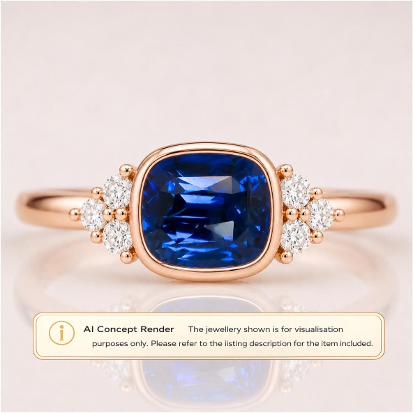 Rose gold ring with a cushion-cut royal blue sapphire center stone and small clear diamond accents on the shoulders, shown on a pale pink background with an AI concept render label at the bottom.