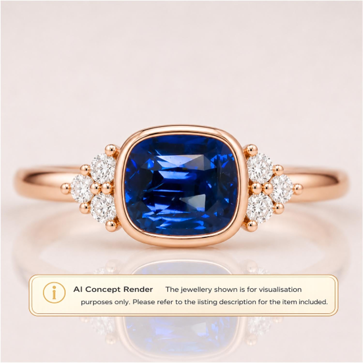 Rose gold ring with a cushion-cut royal blue sapphire center stone and small clear diamond accents on the shoulders, shown on a pale pink background with an AI concept render label at the bottom.