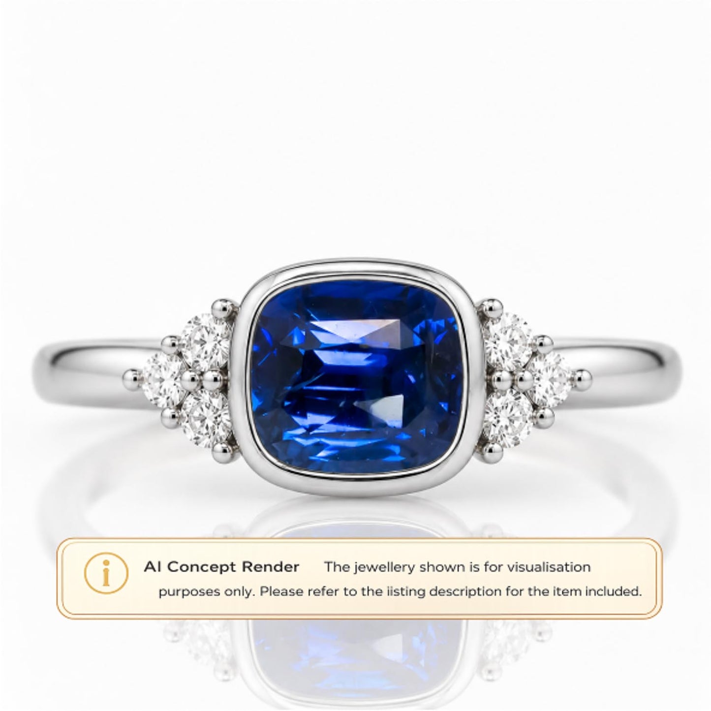 A platinum ring featuring a cushion-cut royal blue sapphire center stone and small clear accent stones on either side of the band, shown on a white background with a reflection below. A beige banner at the bottom contains an 'i' icon and text reading 'AI Concept Render The jewellery shown is for visualisation purposes only.