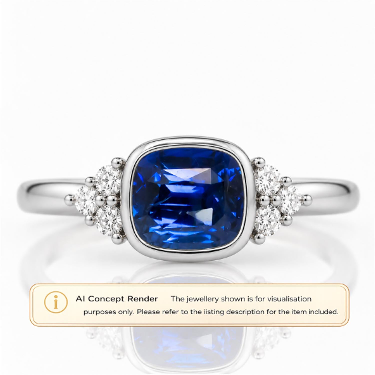 A platinum ring featuring a cushion-cut royal blue sapphire center stone and small clear accent stones on either side of the band, shown on a white background with a reflection below. A beige banner at the bottom contains an 'i' icon and text reading 'AI Concept Render The jewellery shown is for visualisation purposes only.