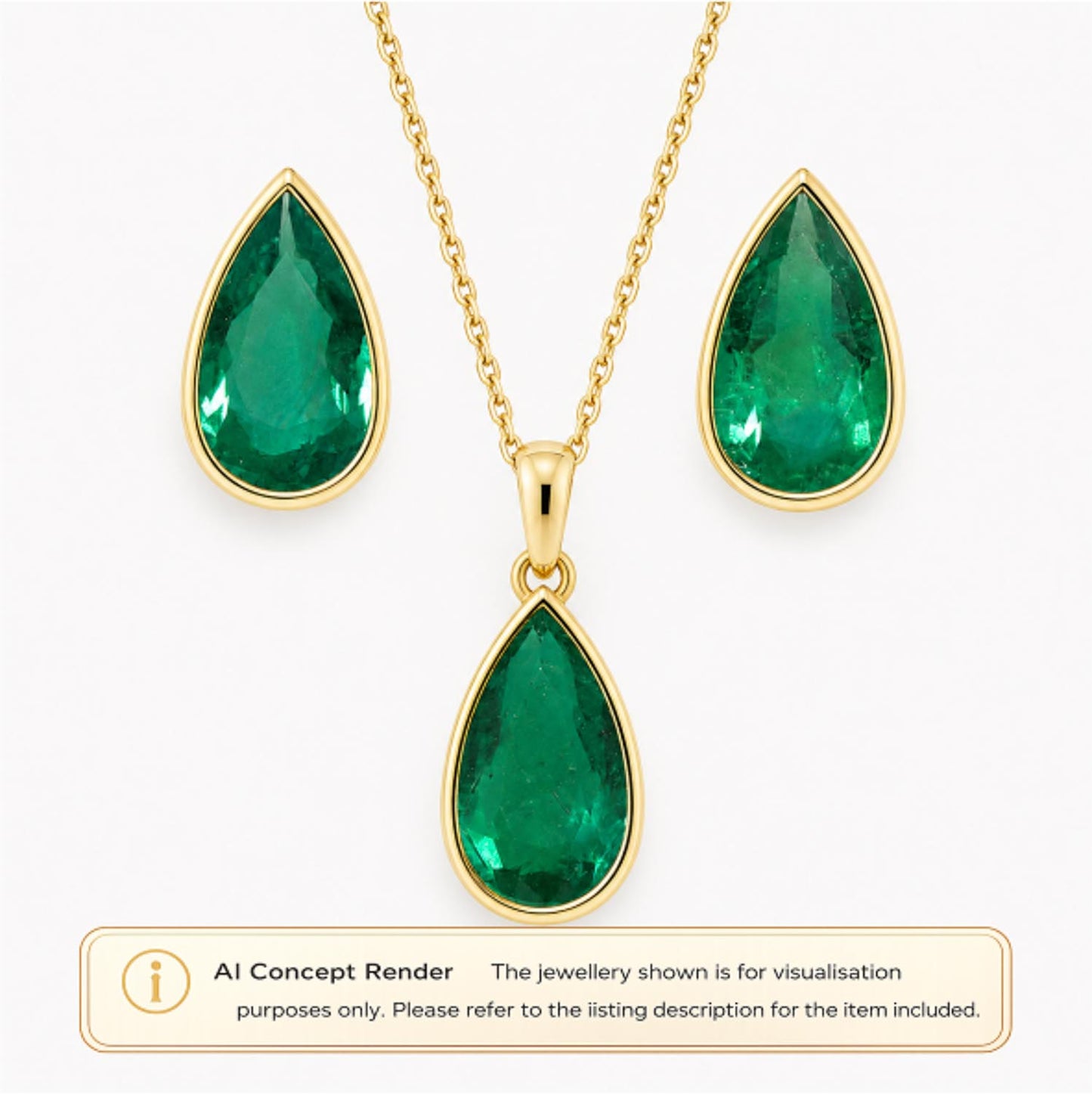 Gold teardrop pendant necklace and matching drop earrings with natural Colombian emerald gemstones, shown on a light gray background with an 'AI Concept Render' label at the bottom.