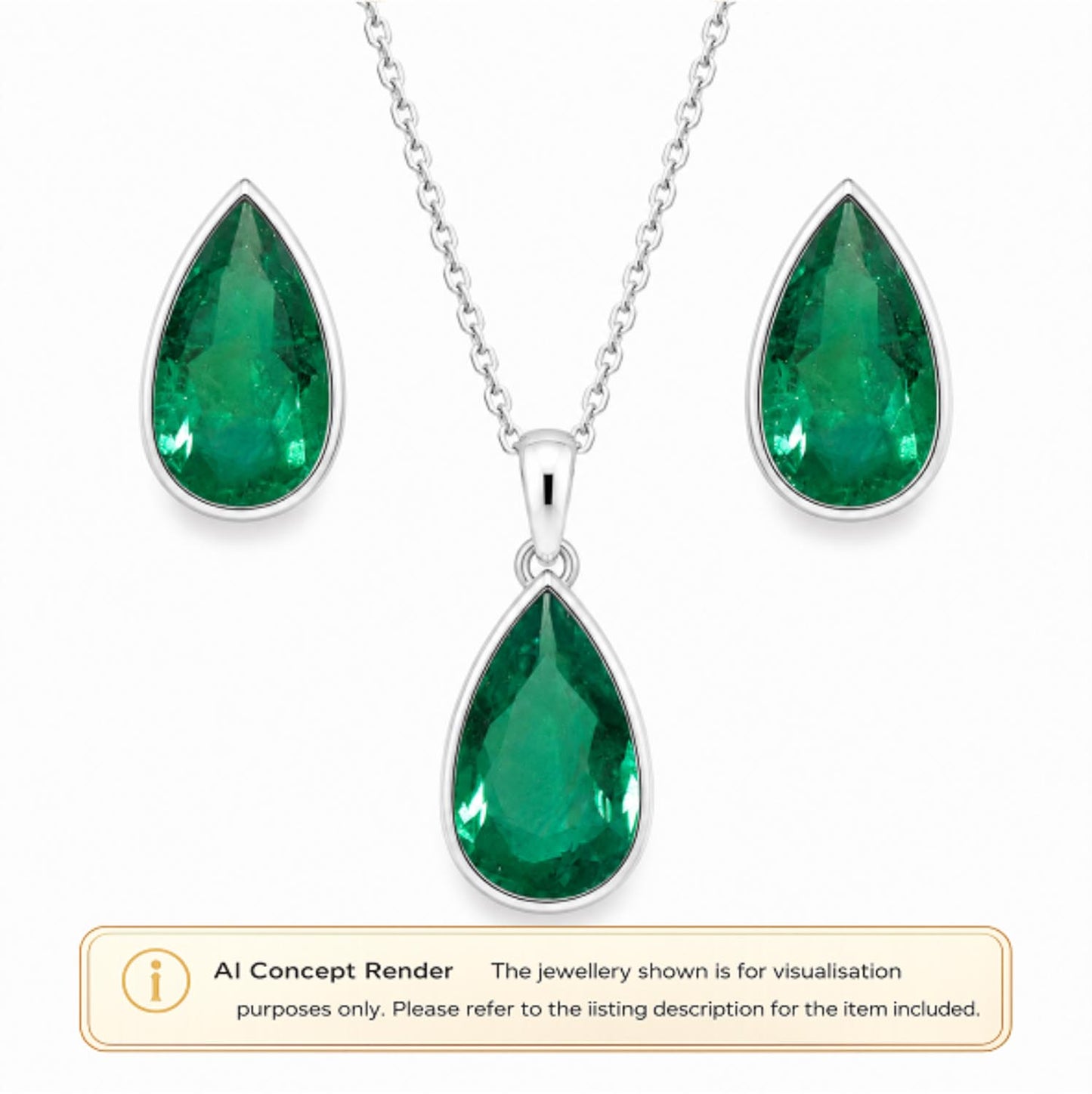 A platinum jewelry set featuring a teardrop-shaped pendant necklace, matching drop earrings all with vibrant Colombian emerald teardrop gemstones. A beige banner at the bottom contains an 'AI Concept Render' disclaimer.
