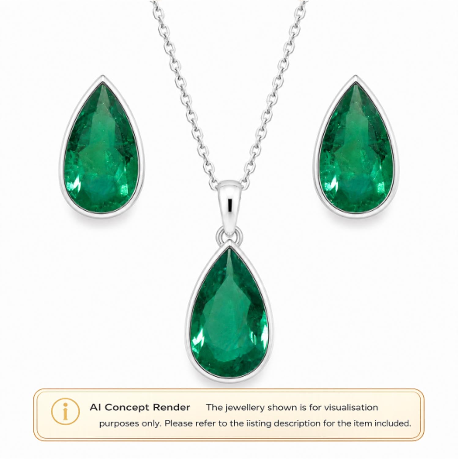 A platinum jewelry set featuring a teardrop-shaped pendant necklace, matching drop earrings all with vibrant Colombian emerald teardrop gemstones. A beige banner at the bottom contains an 'AI Concept Render' disclaimer.
