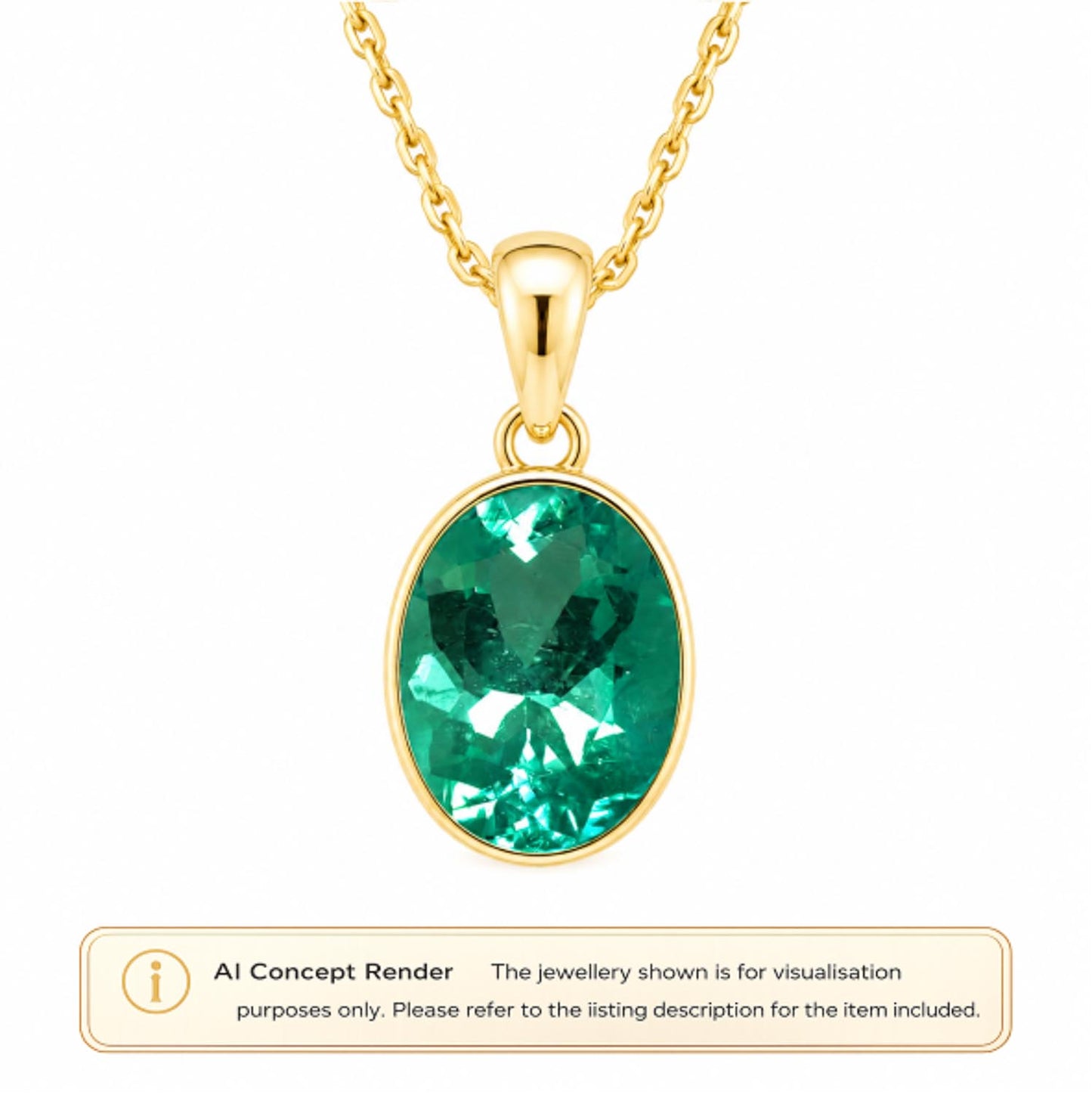 Gold oval pendant necklace with an oval Colombian emerald gemstone, shown on a white background with an 'AI Concept Render' label at the bottom.
