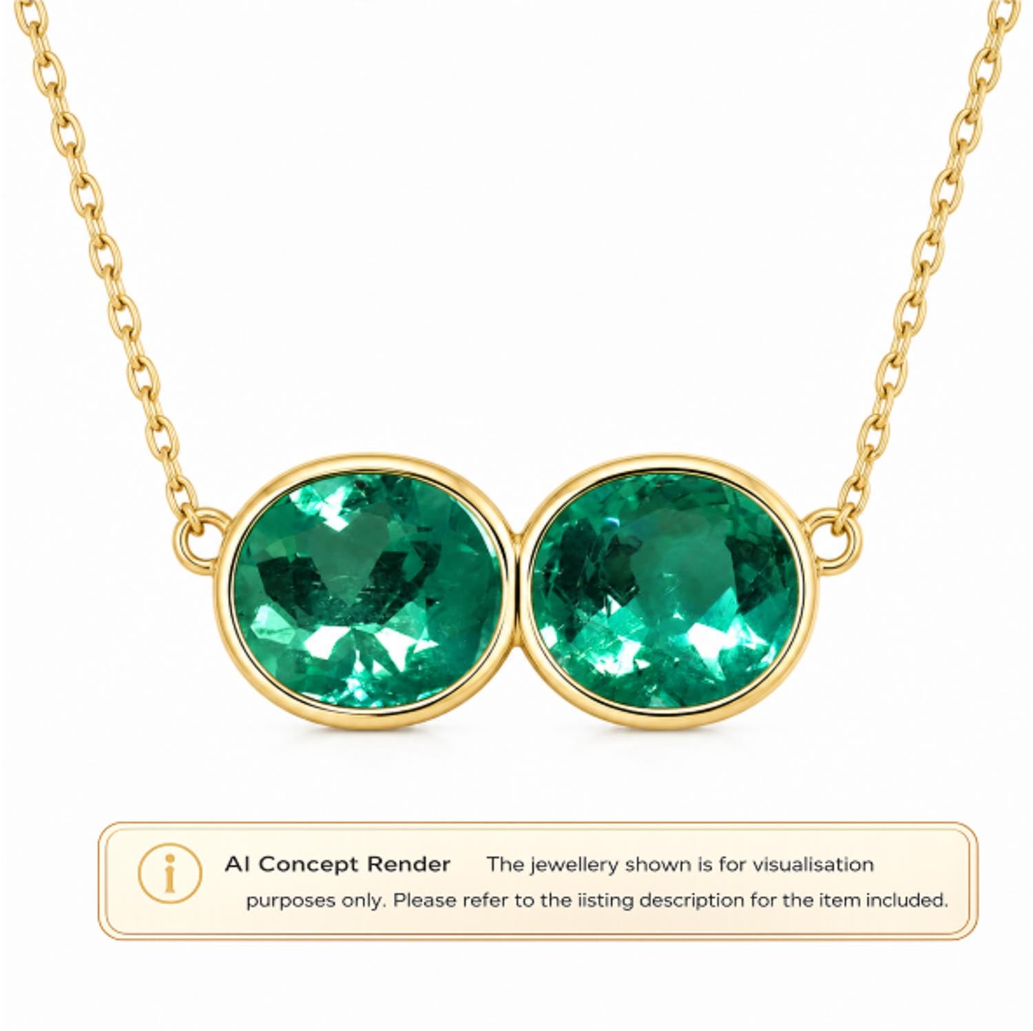 Gold necklace with two oval-cut natural Colombian emeralds in a joined gold bezel setting, shown on a white background with an AI concept render label at the bottom.