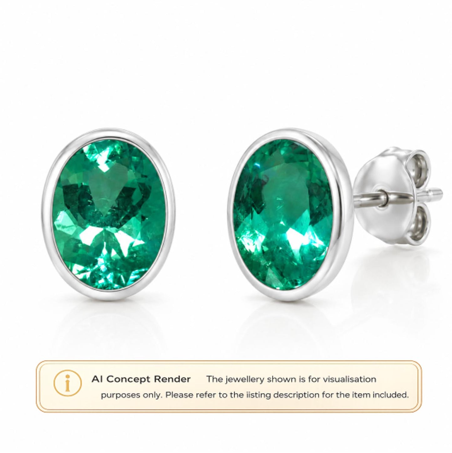 A pair of oval-cut Colombianemerald-cut gemstone stud earrings in platinum bezel settings, shown on a white background with a 'AI Concept Render' disclaimer banner at the bottom.
