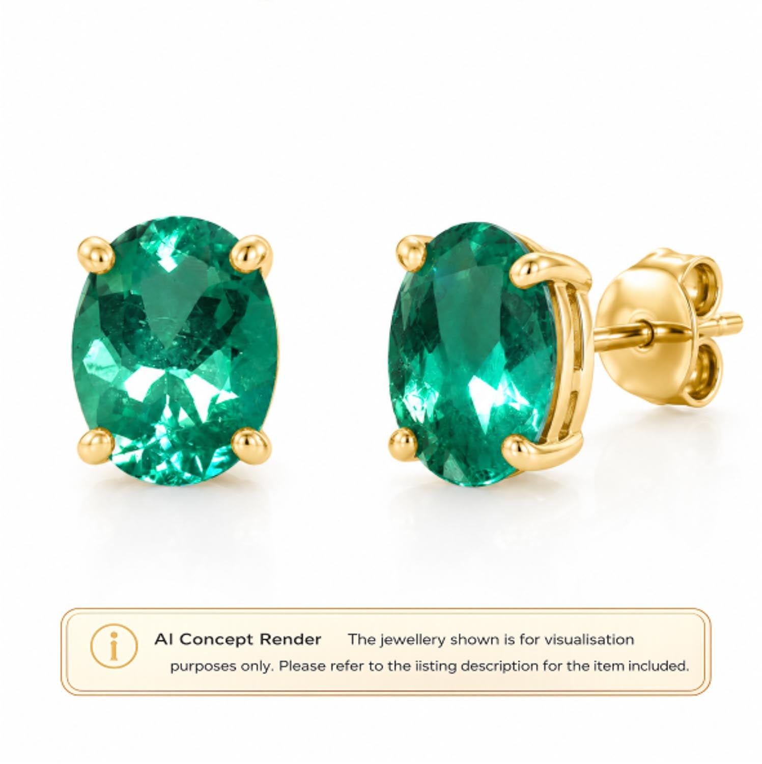 A pair of oval-cut Colombian emerald gemstone stud earrings in yellow gold prong settings, shown on a white background with a 'AI Concept Render' disclaimer banner at the bottom.