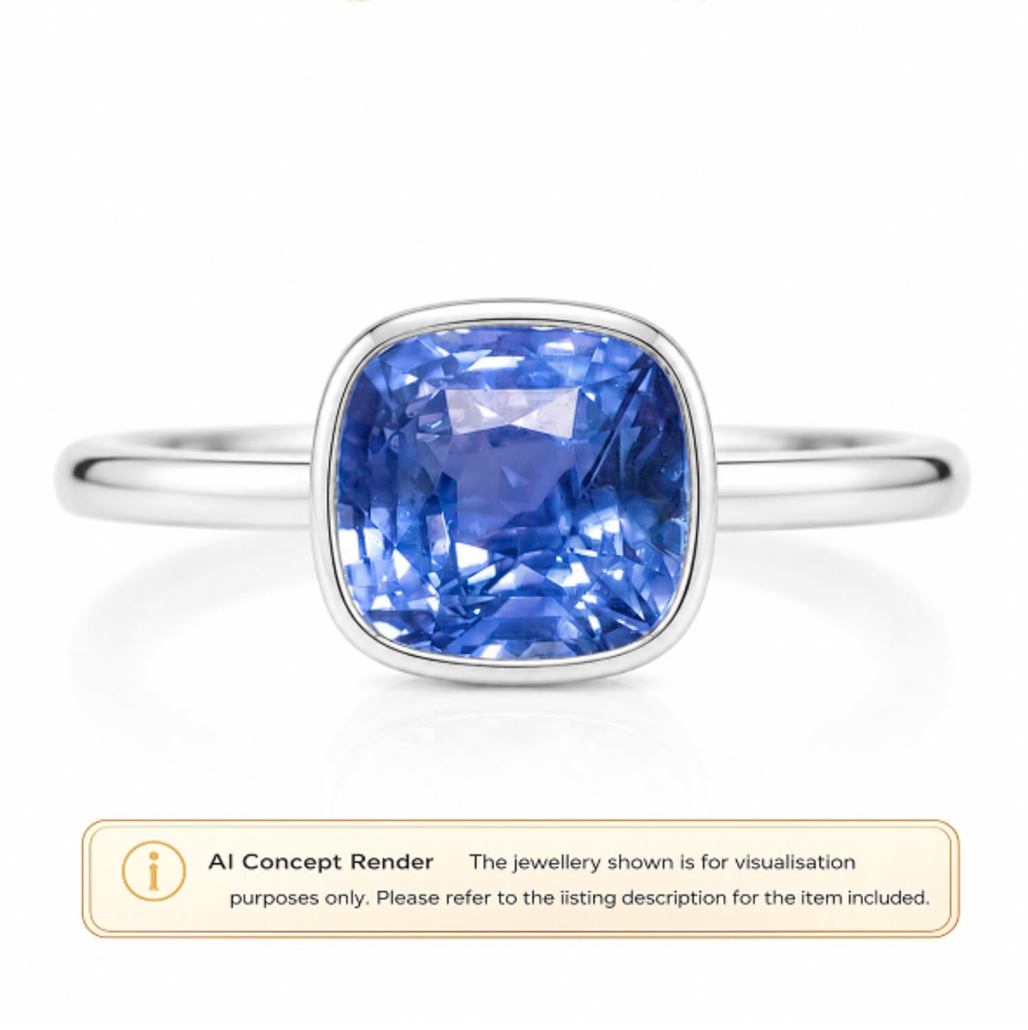 A platinum ring with a cushion-cut blue sapphire gemstone, shown on a white background with an 'AI Concept Render' label at the bottom.