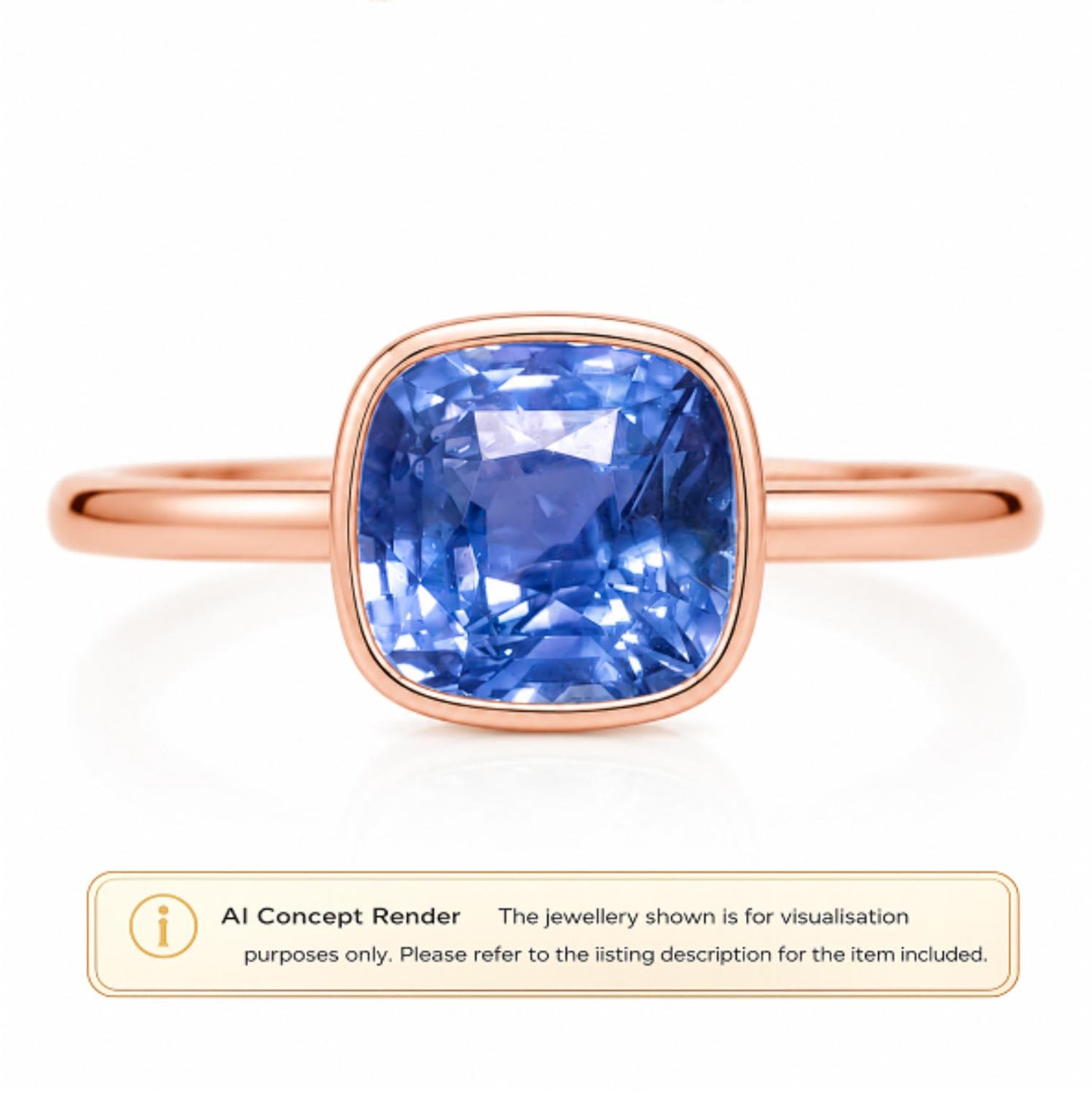 A cushion-cut blue sapphire ring in a rose gold setting, shown on a white background with a 'AI Concept Render' label at the bottom.