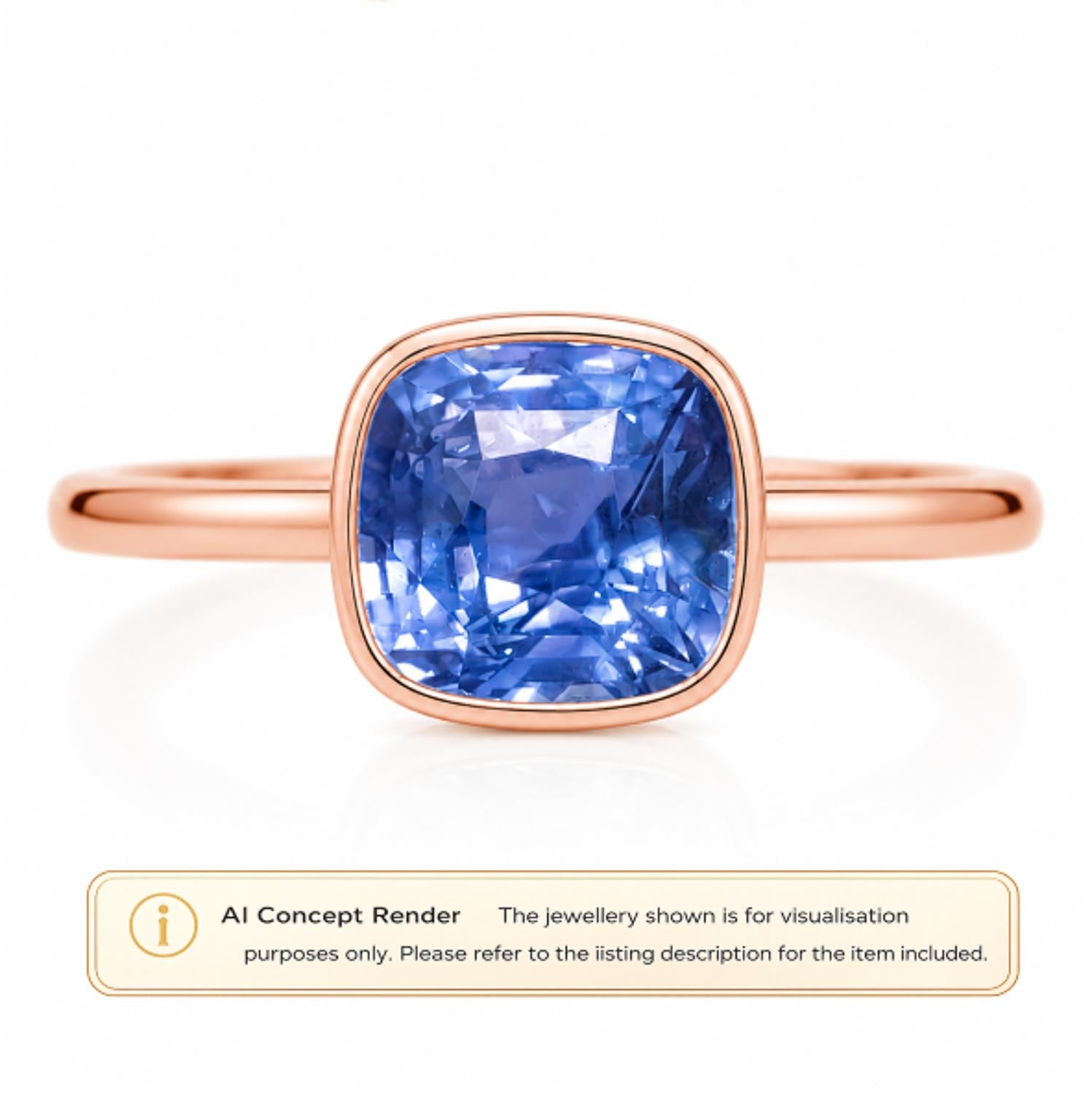 A cushion-cut blue sapphire ring in a rose gold setting, shown on a white background with a 'AI Concept Render' label at the bottom.