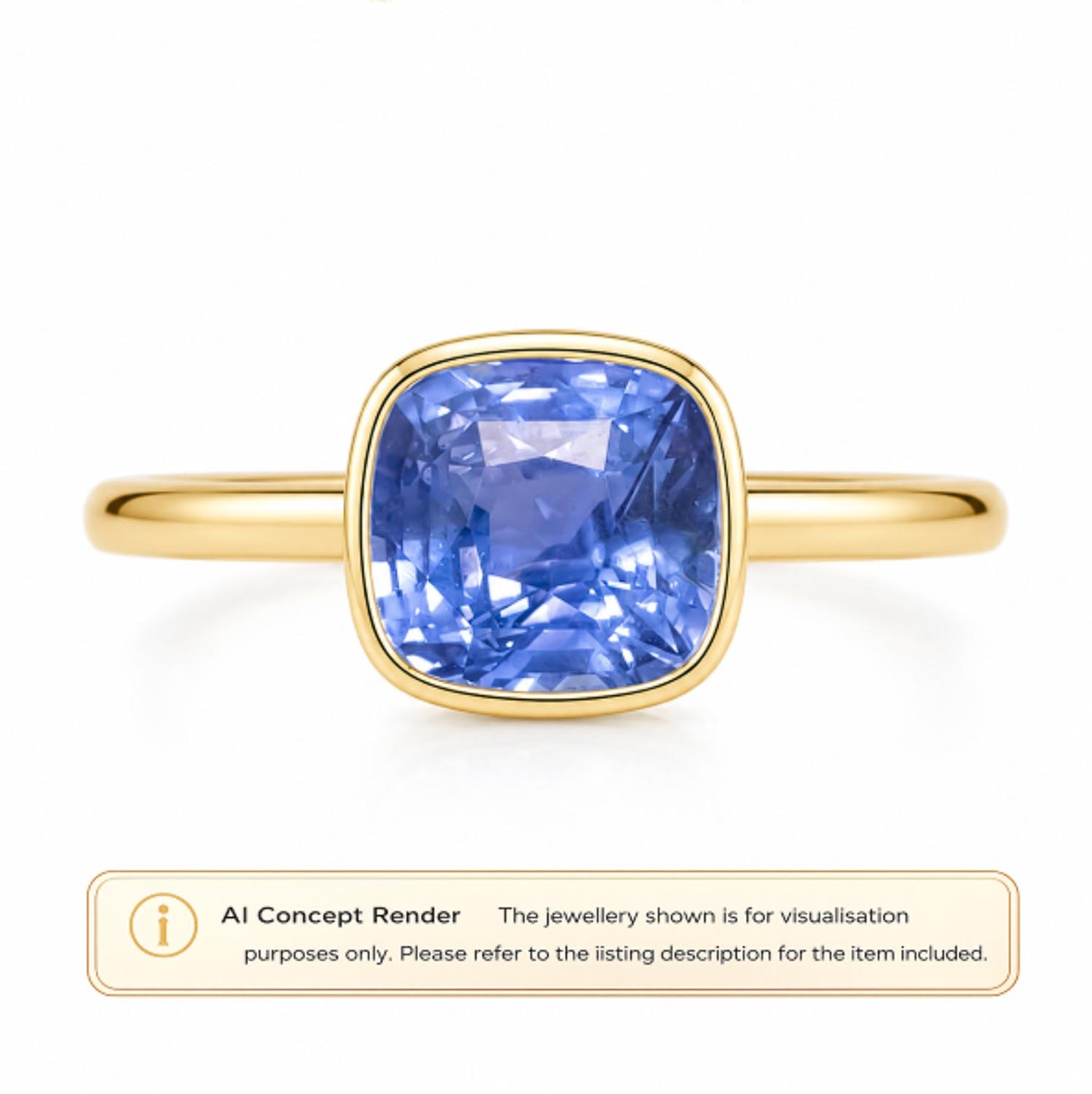 A gold ring with a cushion-cut blue sapphire gemstone, presented as an AI concept render on a white background with a text label at the bottom.