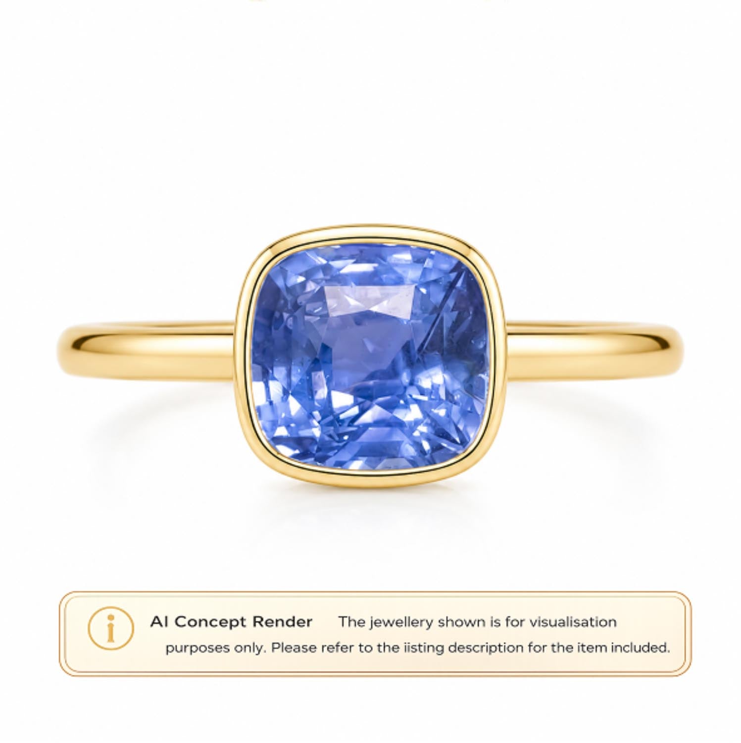 A gold ring with a cushion-cut blue sapphire gemstone, presented as an AI concept render on a white background with a text label at the bottom.