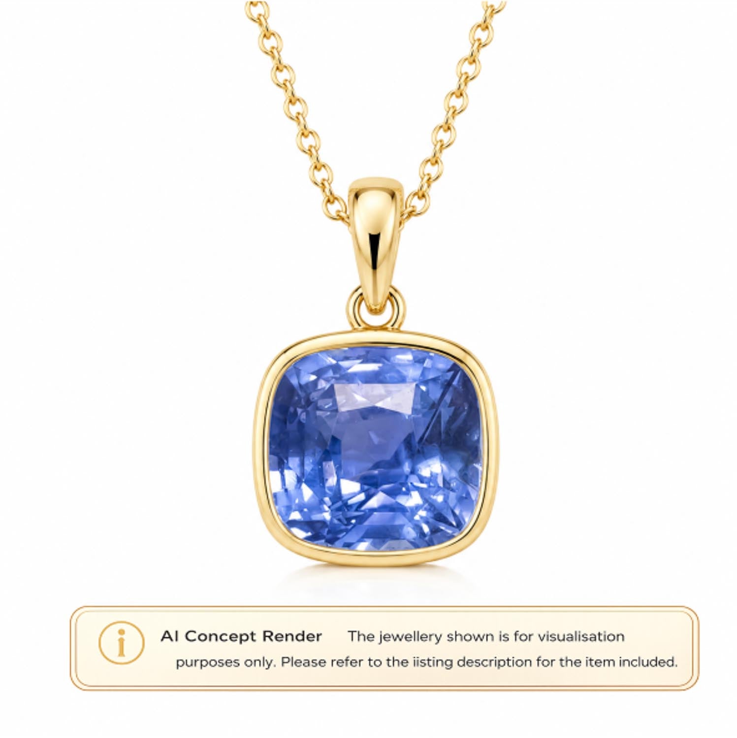 A gold pendant necklace featuring a cushion-cut blue sapphire, shown on a white background with an 'AI Concept Render' label at the bottom.