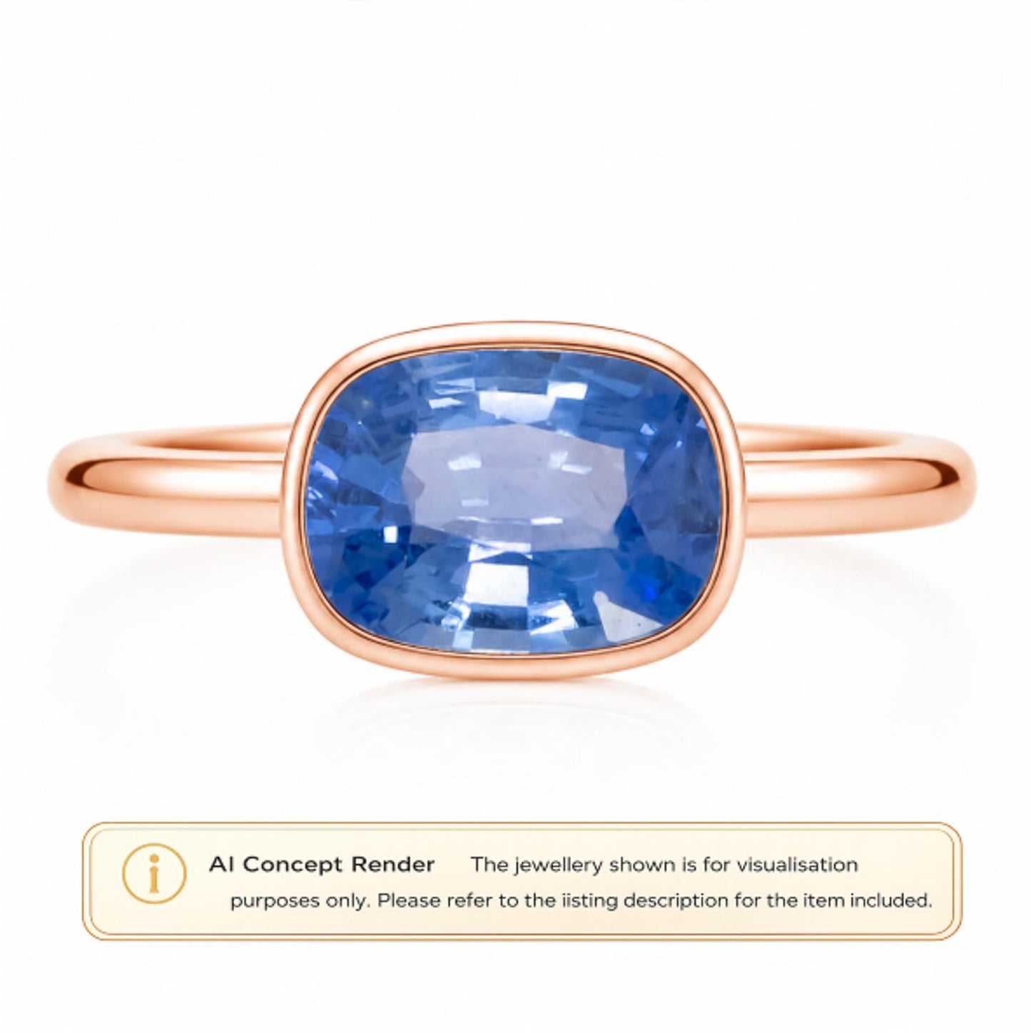 A rose gold ring with a cushion-cut blue sapphire, presented as an AI concept render on a white background with a text label at the bottom.