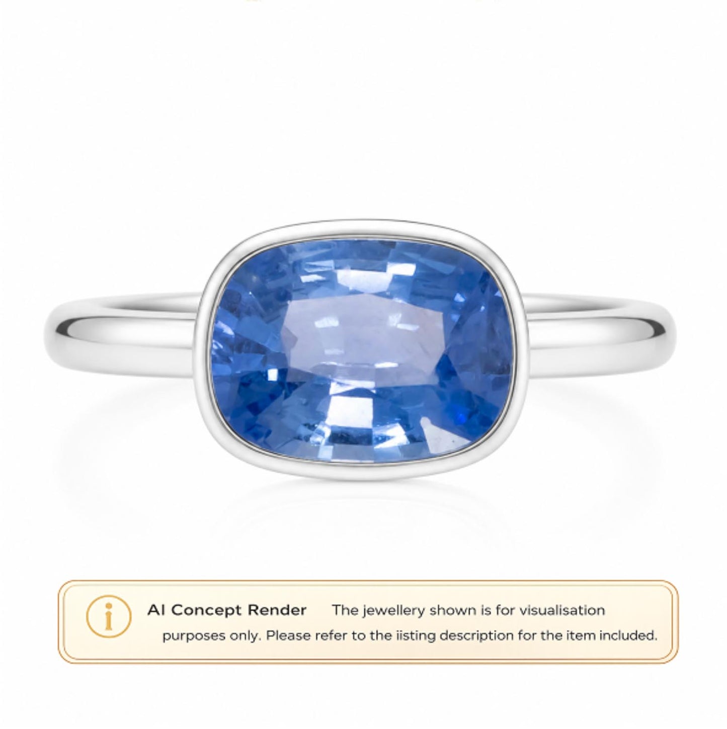 A platinum ring with a cushion-cut blue sapphire, shown as an AI concept render on a white background with a text disclaimer at the bottom.