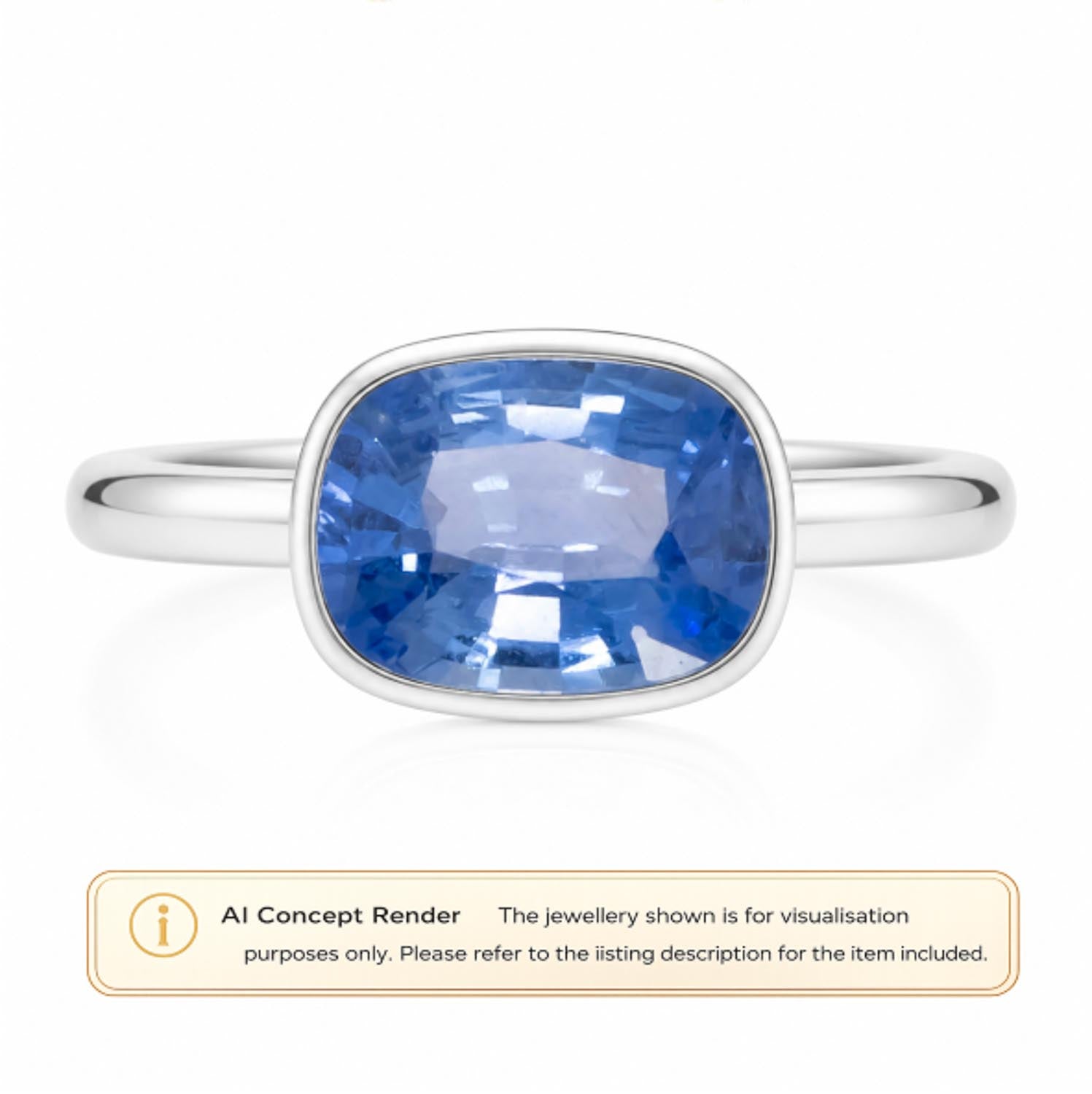 A platinum ring with a cushion-cut blue sapphire, shown as an AI concept render on a white background with a text disclaimer at the bottom.