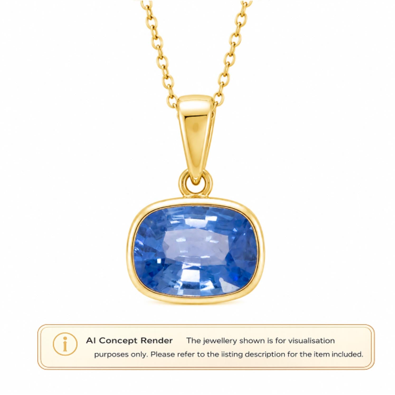 A gold pendant necklace featuring a cushion-cut blue sapphire, shown on a white background with an 'AI Concept Render' label at the bottom.