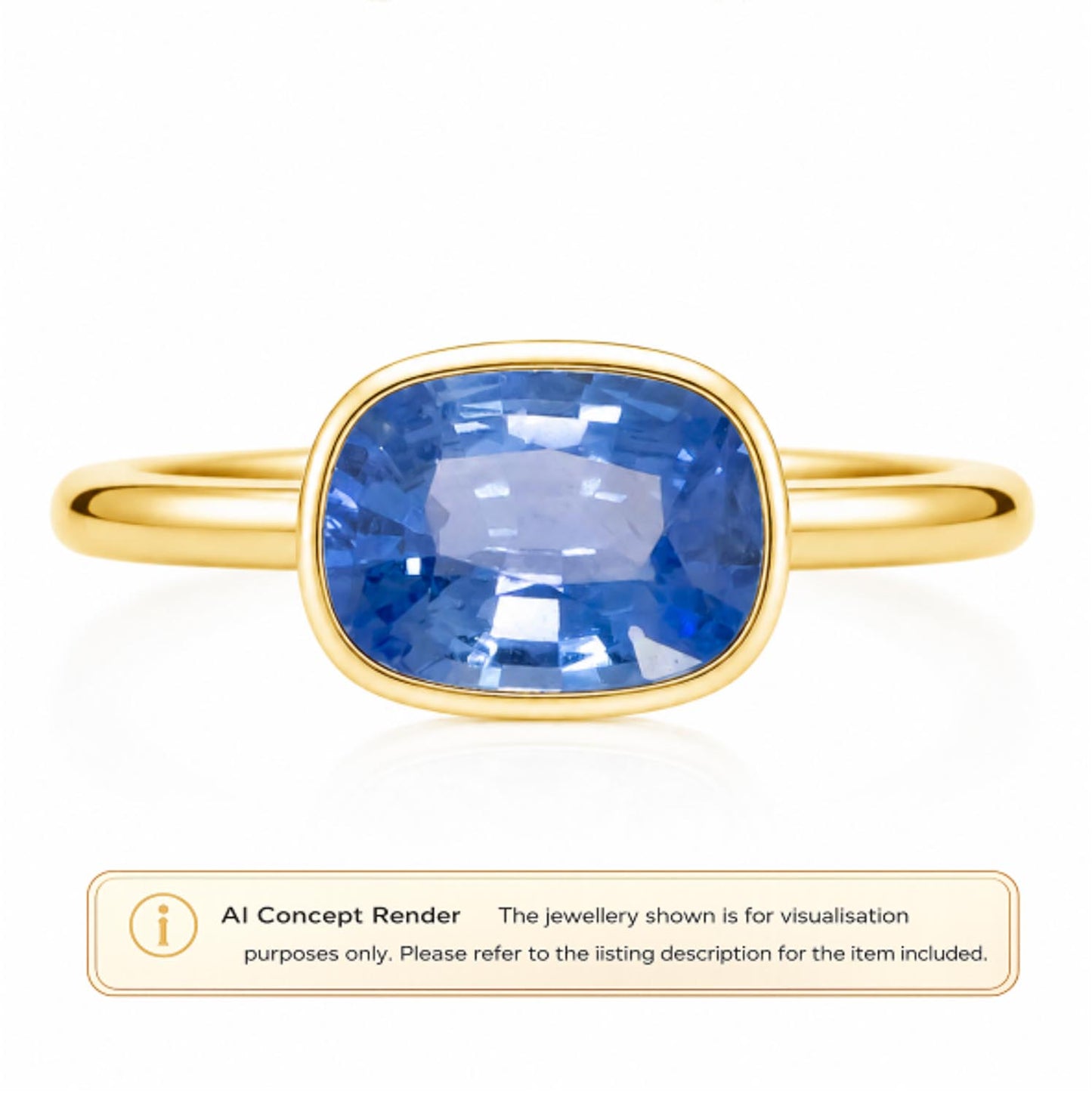A gold ring with a cushion-cut blue sapphire, presented as an AI concept render on a white background with a text disclaimer at the bottom.