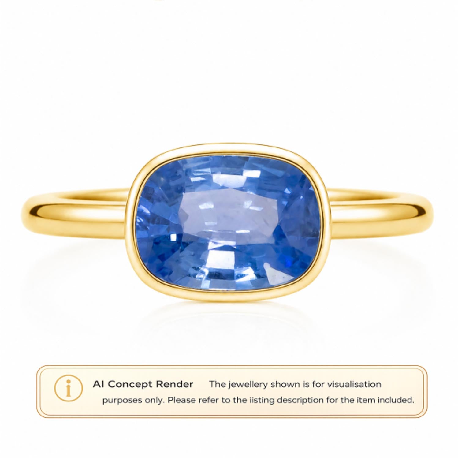 A gold ring with a cushion-cut blue sapphire, presented as an AI concept render on a white background with a text disclaimer at the bottom.
