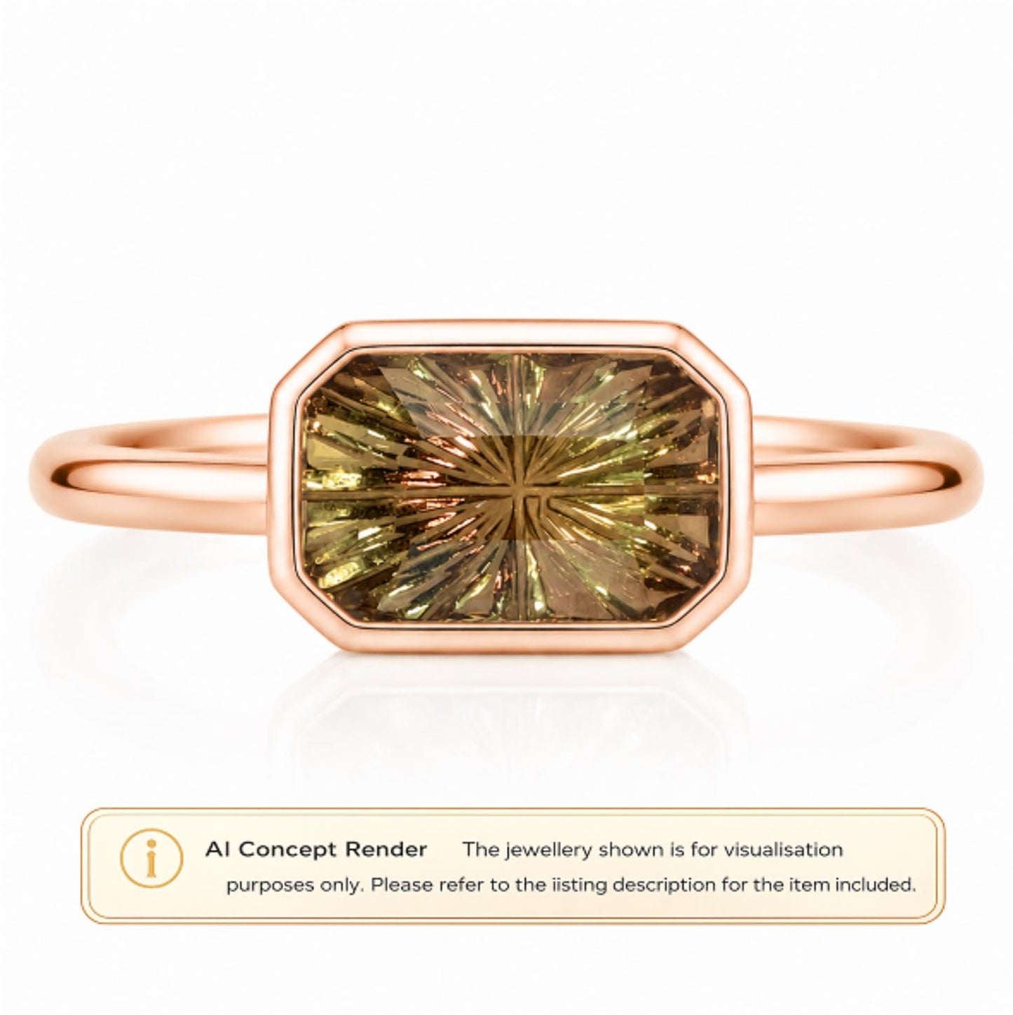 A rose gold ring with an octagonal bezel setting holding a large, faceted fantasy-cut gemstone in olive green and gold tones, presented on a white background with a text overlay at the bottom stating 'AI Concept Render'.