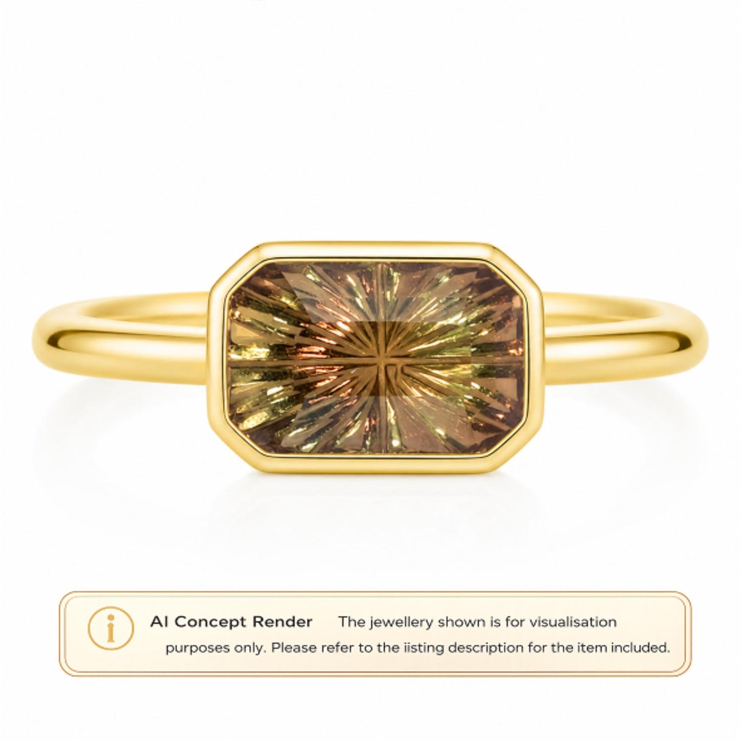 A gold ring with an octagonal bezel holding a fantasy cut brown sapphire, shown on a white background with an AI Concept Render label at the bottom.