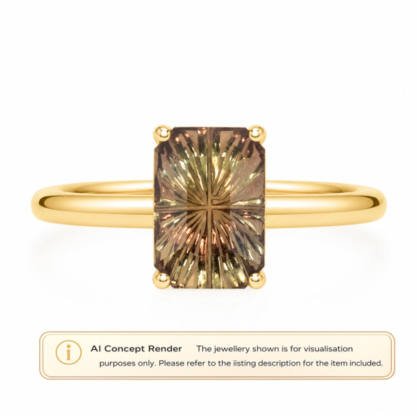 A yellow gold ring with a rectangular fantasy-cut yellow brown gemstone, shown on a white background with an 'AI Concept Render' disclaimer banner at the bottom.