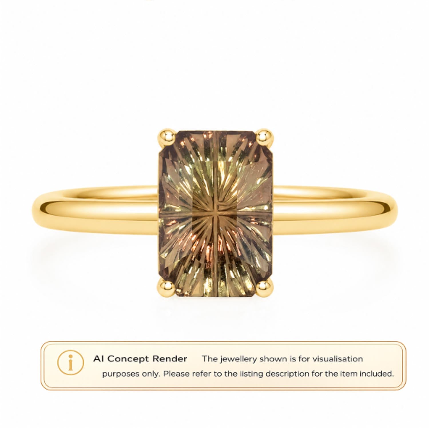 A yellow gold ring with a rectangular fantasy-cut yellow brown gemstone, shown on a white background with an 'AI Concept Render' disclaimer banner at the bottom.