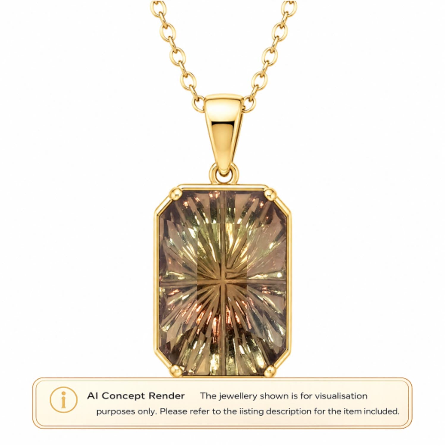 Gold pendant necklace with a rectangular fantasy cut sapphire, shown on a white background with an 'AI Concept Render' label at the bottom.