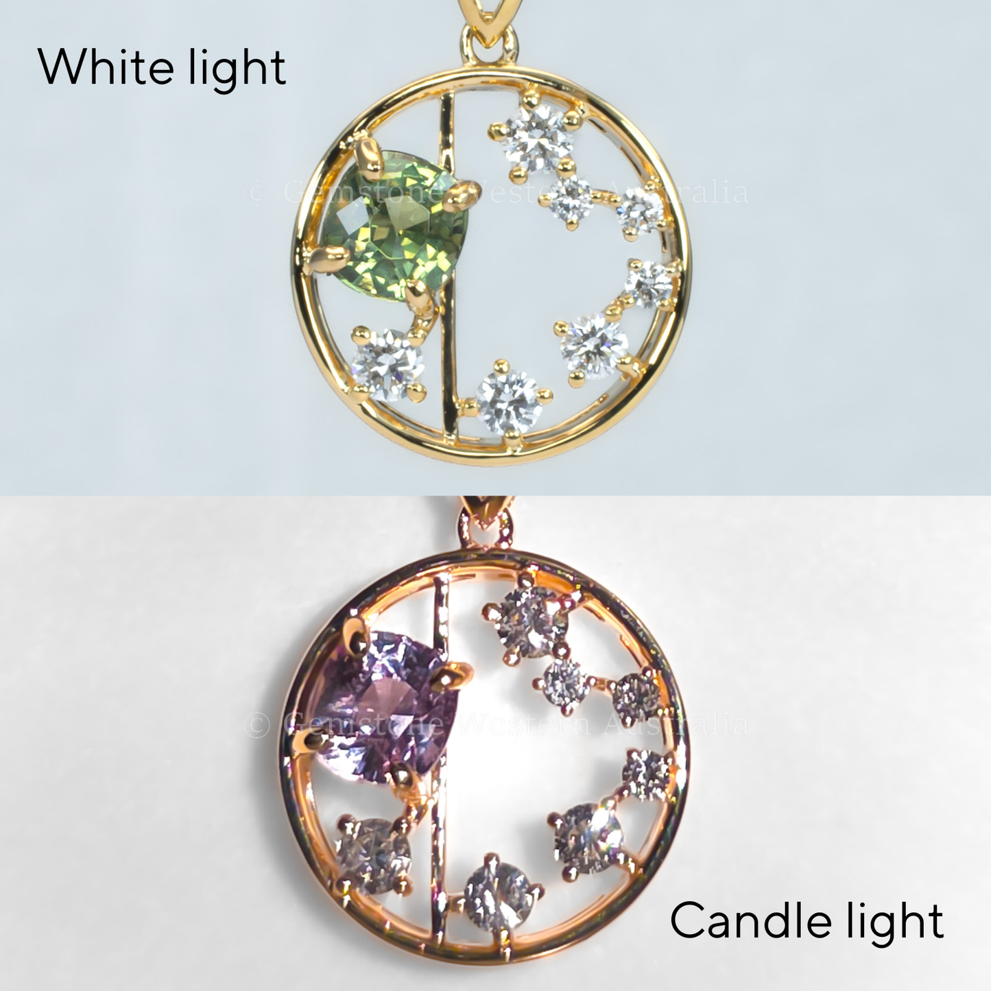 Two gold pendants with alexandrite, one labeled 'White light' and the other 'Candle light', on a light gray background.